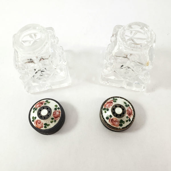 Vintage David Anderson Glass Salt & Pepper Shakers Enamel & Sterling Lids with Tray Norway