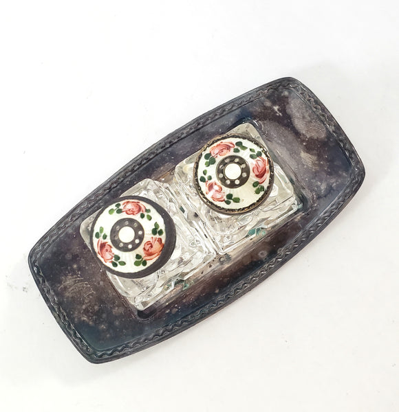 Vintage David Anderson Glass Salt & Pepper Shakers Enamel & Sterling Lids with Tray Norway