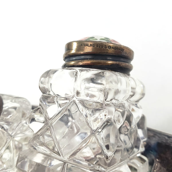 Vintage David Anderson Glass Salt & Pepper Shakers Enamel & Sterling Lids with Tray Norway