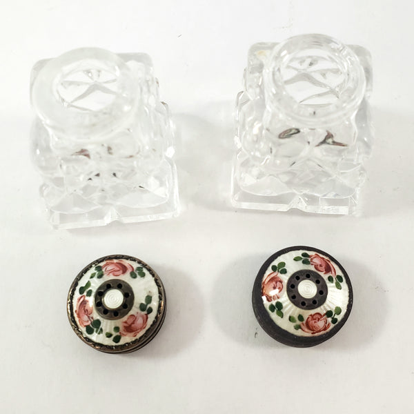 Vintage David Anderson Glass Salt & Pepper Shakers Enamel & Sterling Lids with Tray Norway