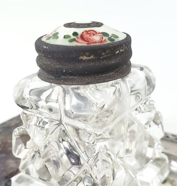 Vintage David Anderson Glass Salt & Pepper Shakers Enamel & Sterling Lids with Tray Norway