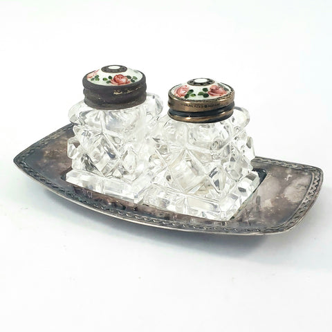 Vintage David Anderson Glass Salt & Pepper Shakers Enamel & Sterling Lids with Tray Norway