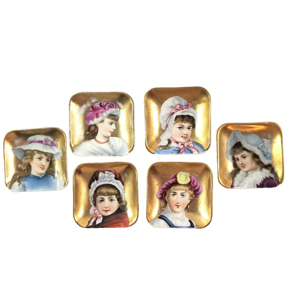 Antique Hand Painted Victorian German Square Butter Pats Set of 6