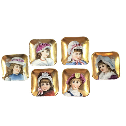 Antique Hand Painted Victorian German Square Butter Pats Set of 6
