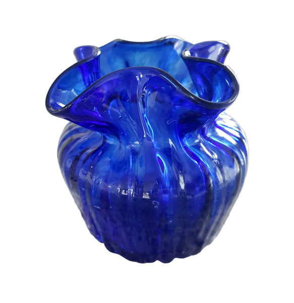 Vintage Hand Blown Cobalt Blue Petite Ribbed Vase Ruffled Rim