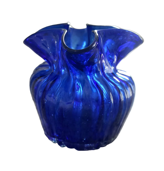 Vintage Hand Blown Cobalt Blue Petite Ribbed Vase Ruffled Rim