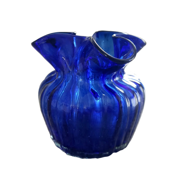 Vintage Hand Blown Cobalt Blue Petite Ribbed Vase Ruffled Rim