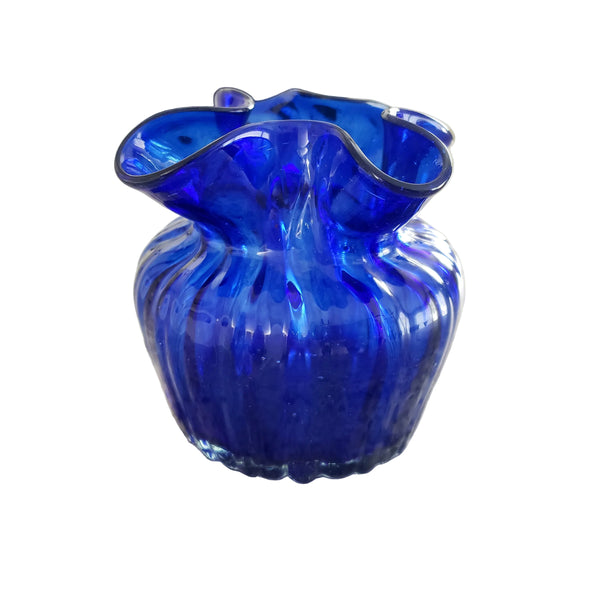 Vintage Hand Blown Cobalt Blue Petite Ribbed Vase Ruffled Rim