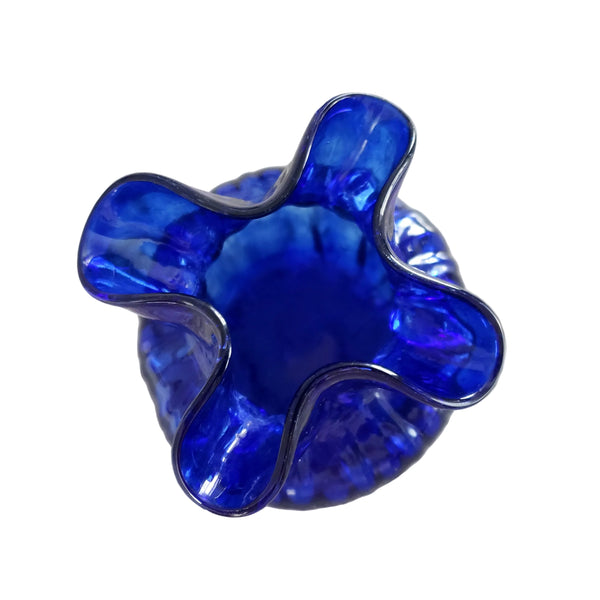 Vintage Hand Blown Cobalt Blue Petite Ribbed Vase Ruffled Rim