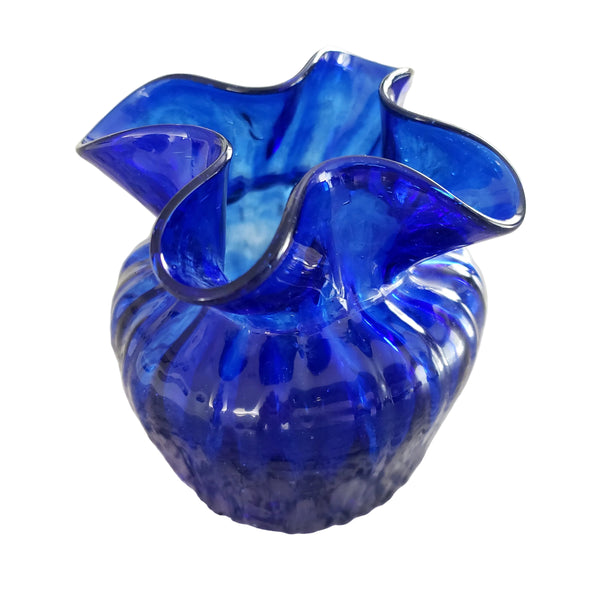 Vintage Hand Blown Cobalt Blue Petite Ribbed Vase Ruffled Rim