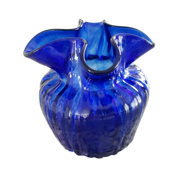 Vintage Hand Blown Cobalt Blue Petite Ribbed Vase Ruffled Rim