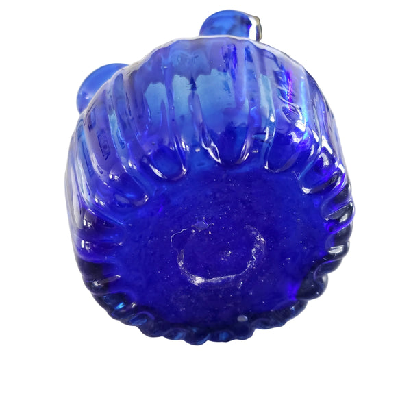Vintage Hand Blown Cobalt Blue Petite Ribbed Vase Ruffled Rim