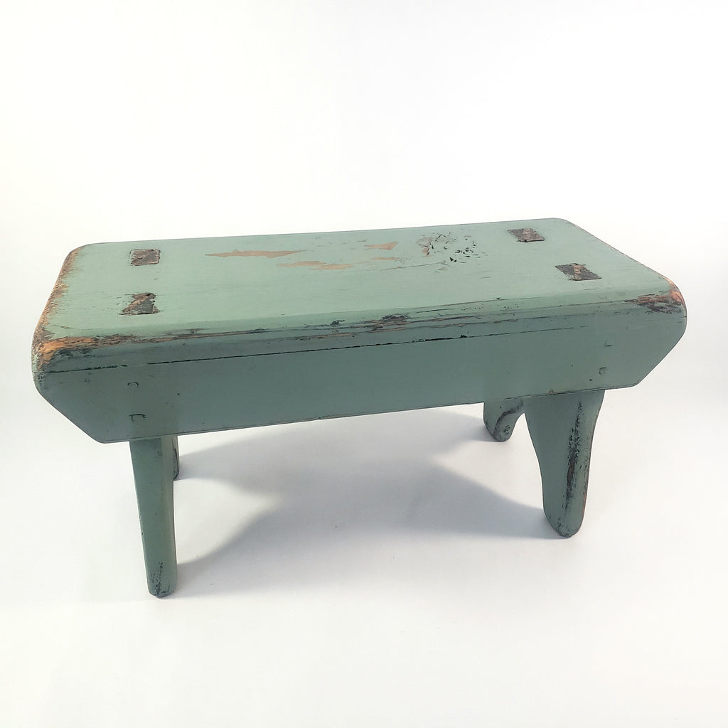 American Painted Blue-Green Foot Stool with Mortise & Tenon Construction