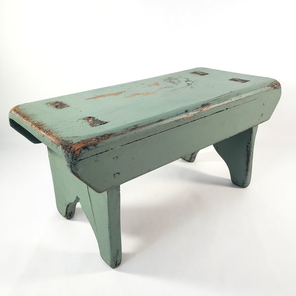 American Painted Blue-Green Foot Stool with Mortise & Tenon Construction