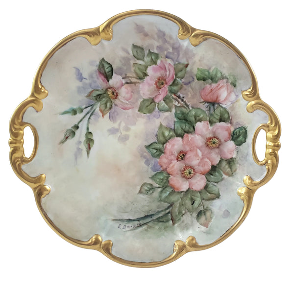 Hand-Painted Tirschenreuth Serving Plate Pink Dogwood Blossoms Gold Trim Artist Signed Germany