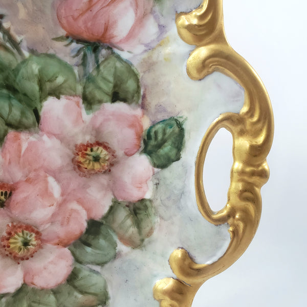 Hand-Painted Tirschenreuth Serving Plate Pink Dogwood Blossoms Gold Trim Artist Signed Germany