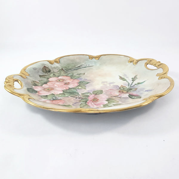 Hand-Painted Tirschenreuth Serving Plate Pink Dogwood Blossoms Gold Trim Artist Signed Germany