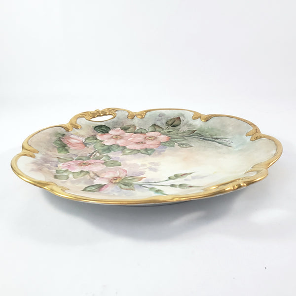 Hand-Painted Tirschenreuth Serving Plate Pink Dogwood Blossoms Gold Trim Artist Signed Germany