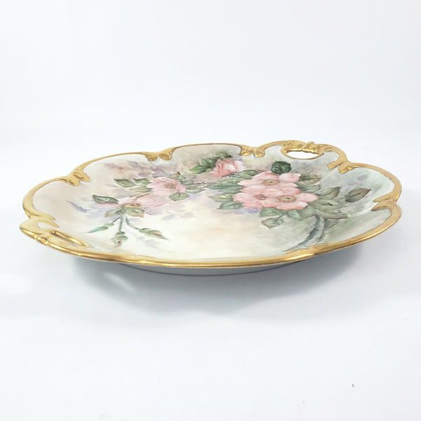Hand-Painted Tirschenreuth Serving Plate Pink Dogwood Blossoms Gold Trim Artist Signed Germany