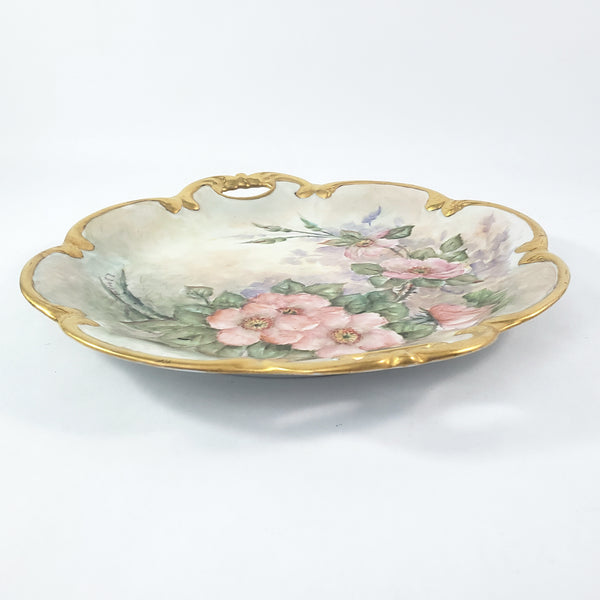 Hand-Painted Tirschenreuth Serving Plate Pink Dogwood Blossoms Gold Trim Artist Signed Germany
