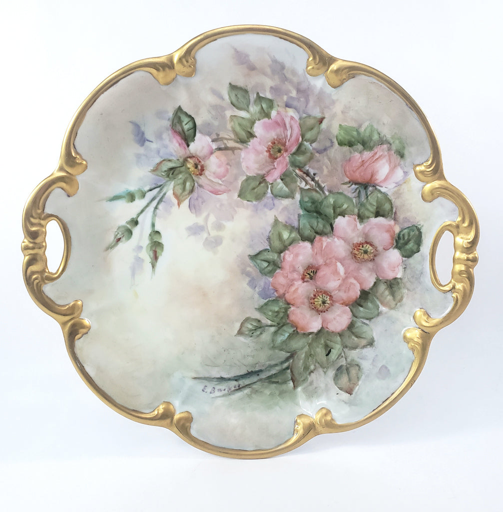 Hand-Painted Tirschenreuth Serving Plate Pink Dogwood Blossoms Gold Trim Artist Signed Germany