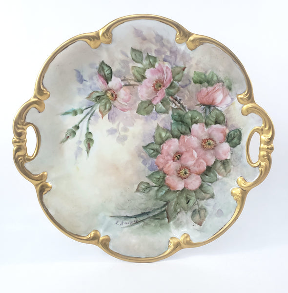 Hand-Painted Tirschenreuth Serving Plate Pink Dogwood Blossoms Gold Trim Artist Signed Germany