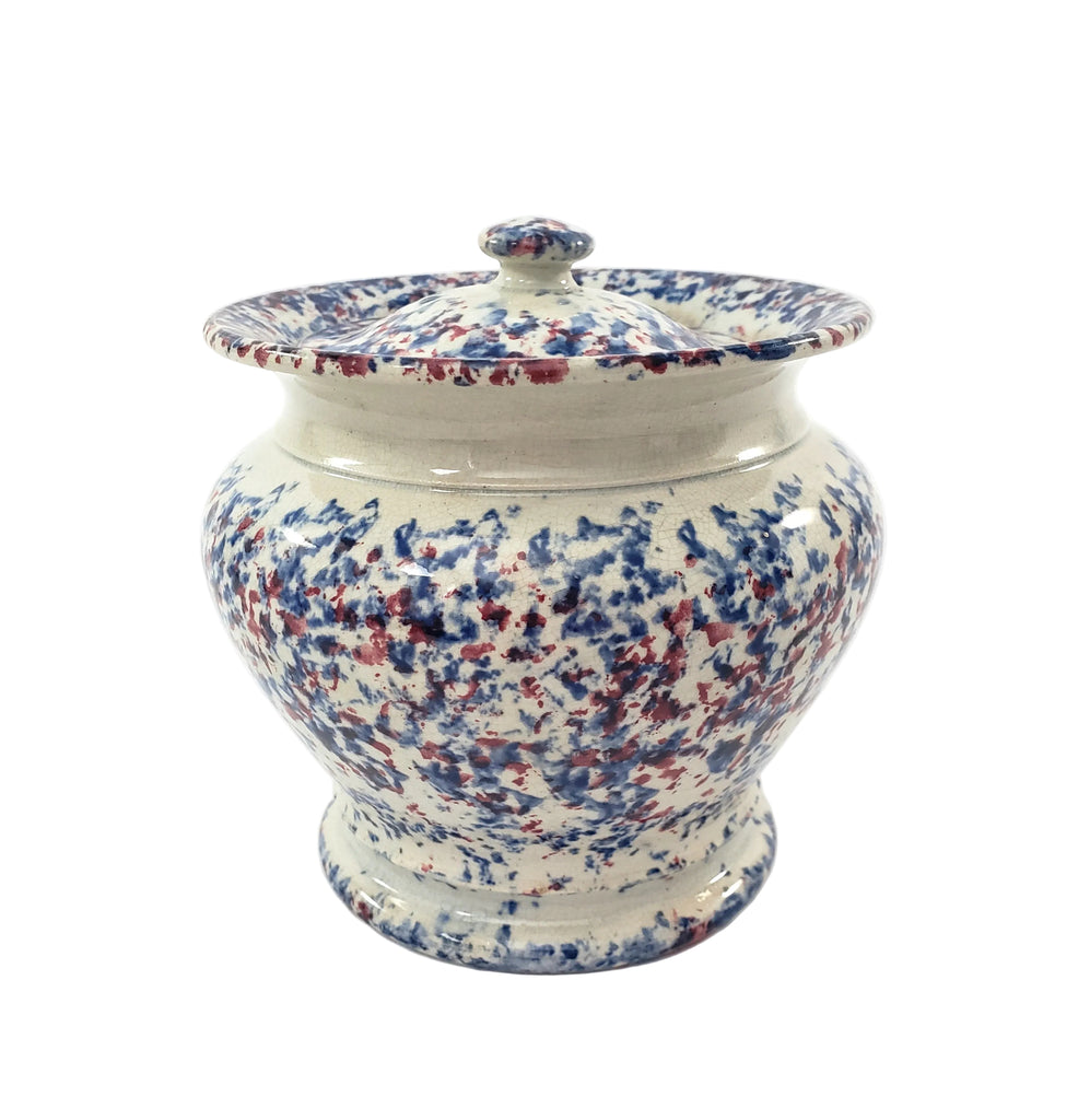 19th Century Blue & Red Spatterware Covered Sugar Bowl