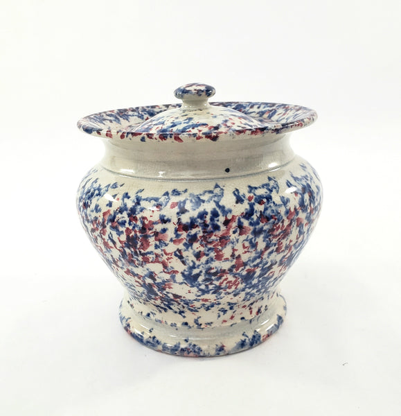 19th Century Antique English Blue & Red Spatterware Sugar Bowl with Lid