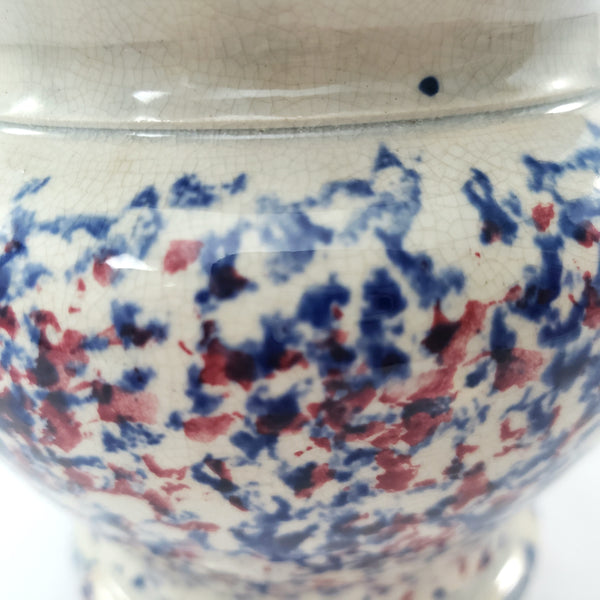 19th Century Antique English Blue & Red Spatterware Sugar Bowl with Lid