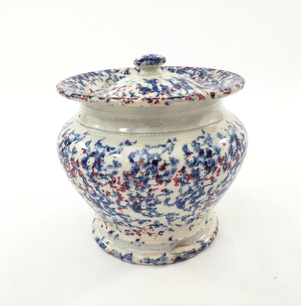 19th Century Antique English Blue & Red Spatterware Sugar Bowl with Lid