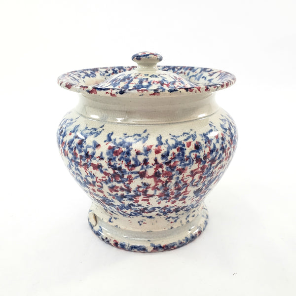 19th Century Antique English Blue & Red Spatterware Sugar Bowl with Lid