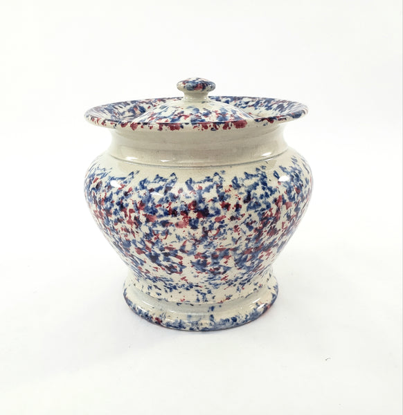 19th Century Antique English Blue & Red Spatterware Sugar Bowl with Lid