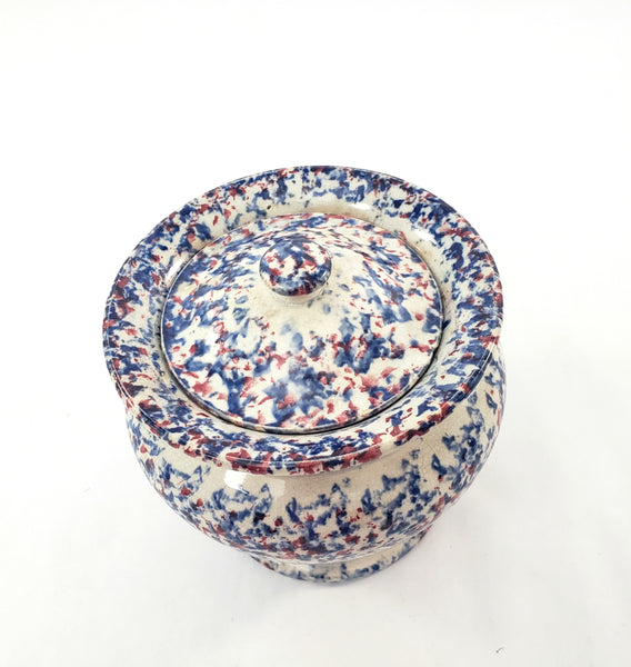19th Century Antique English Blue & Red Spatterware Sugar Bowl with Lid