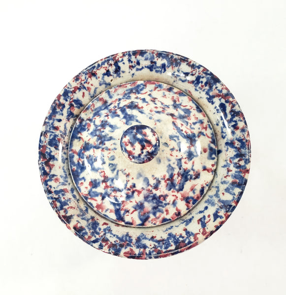 19th Century Antique English Blue & Red Spatterware Sugar Bowl with Lid