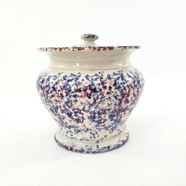 19th Century Antique English Blue & Red Spatterware Sugar Bowl with Lid