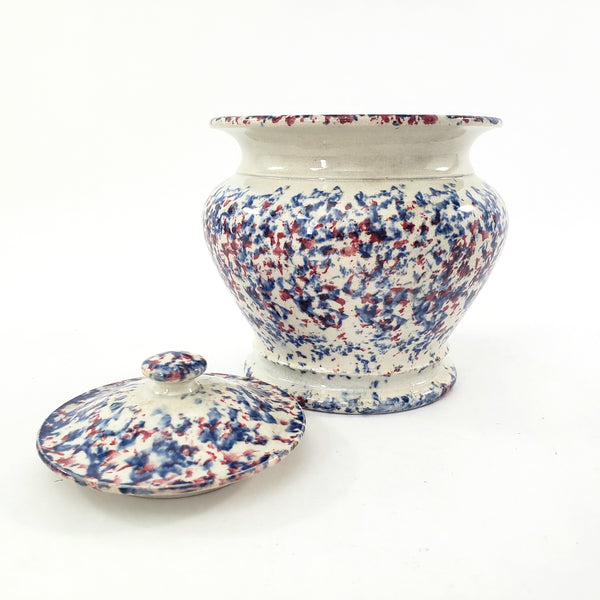 19th Century Antique English Blue & Red Spatterware Sugar Bowl with Lid