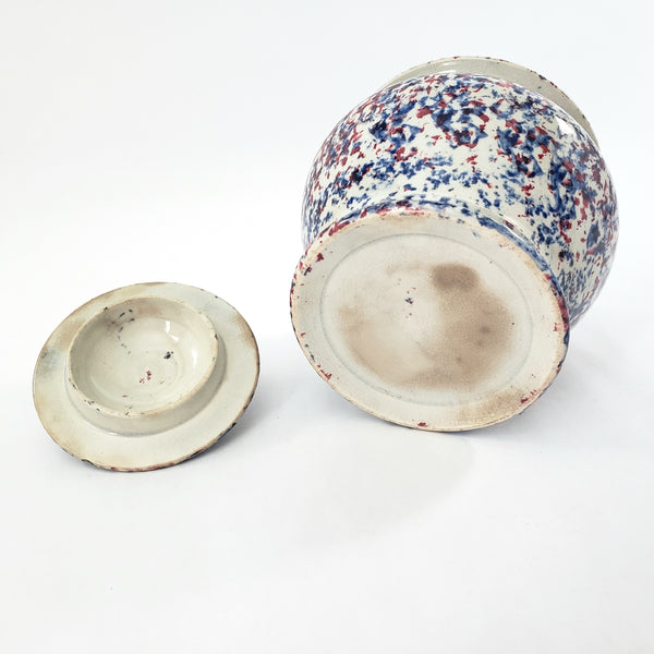 19th Century Antique English Blue & Red Spatterware Sugar Bowl with Lid