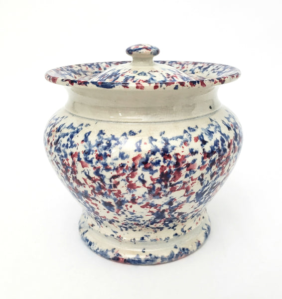 19th Century Antique English Blue & Red Spatterware Sugar Bowl with Lid