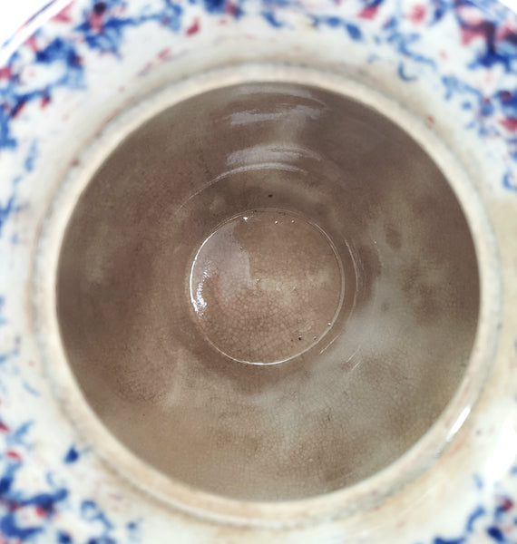 19th Century Antique English Blue & Red Spatterware Sugar Bowl with Lid