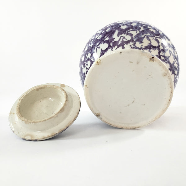 Antique English Purple & Blue Spatterware Sugar Bowl with Lid