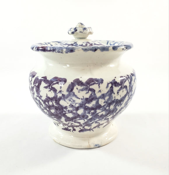 Antique English Purple & Blue Spatterware Sugar Bowl with Lid