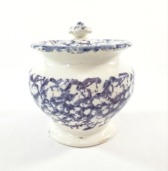 Antique English Purple & Blue Spatterware Sugar Bowl with Lid