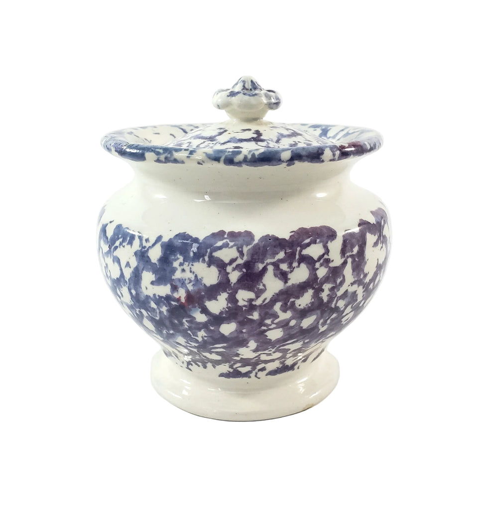 Antique English Purple & Blue Spatterware Sugar Bowl with Lid
