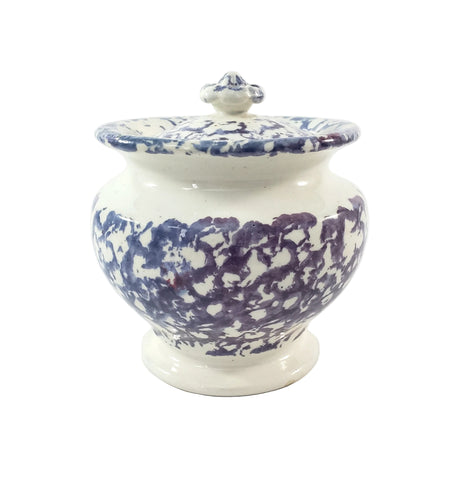 Antique English Purple & Blue Spatterware Sugar Bowl with Lid
