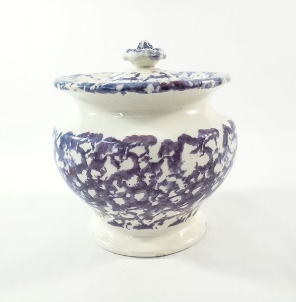 Antique English Purple & Blue Spatterware Sugar Bowl with Lid
