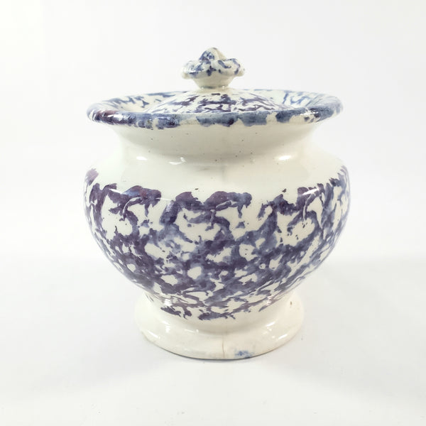 Antique English Purple & Blue Spatterware Sugar Bowl with Lid