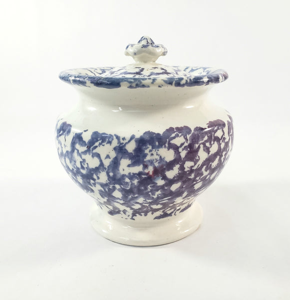Antique English Purple & Blue Spatterware Sugar Bowl with Lid
