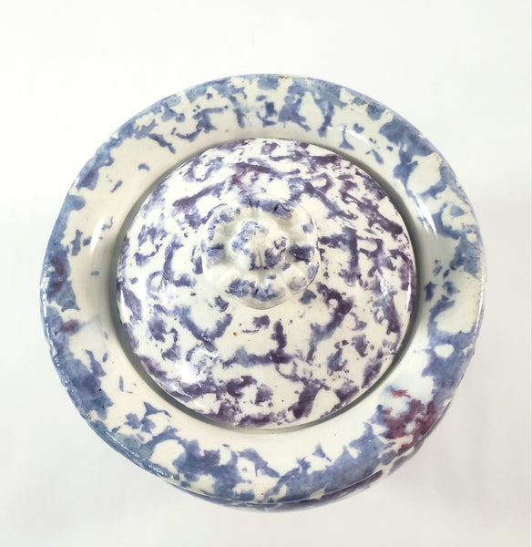 Antique English Purple & Blue Spatterware Sugar Bowl with Lid