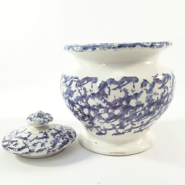Antique English Purple & Blue Spatterware Sugar Bowl with Lid