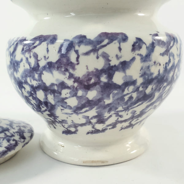 Antique English Purple & Blue Spatterware Sugar Bowl with Lid
